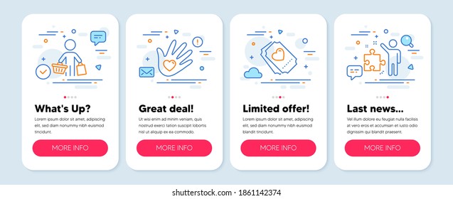 Set of People icons, such as Buyer, Social responsibility, Love ticket symbols. Mobile screen app banners. Strategy line icons. Shopping customer, Helping hand, Heart. Business plan. Vector
