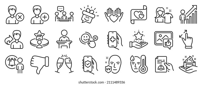 Set Of People Icons, Such As Champagne Glasses, Hold Heart, Love Letter Icons. Share, People Chatting, Smile Signs. Remove Account, Like Photo, Add Person. Touchscreen Gesture, Clean Shirt. Vector