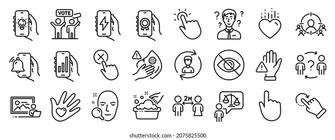 Set of People icons, such as Charging app, Award app, Hand click icons. Not looking, Heart, Business targeting signs. Photo studio, Hand washing, Human resources. Touchpoint, Reject click. Vector