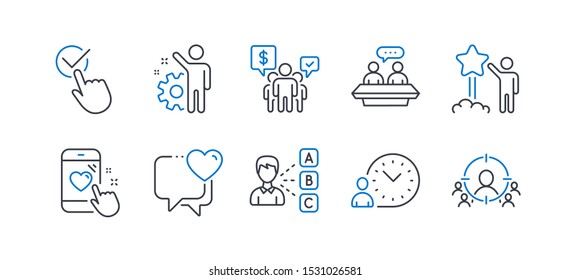 Set of People icons, such as Checkbox, Teamwork, Employee, Opinion, Heart, Star, Heart rating, Time management, Employees talk, Business targeting line icons. Approved, Employees chat. Vector