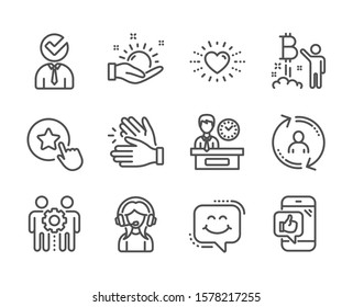 Set of People icons, such as Clapping hands, Vacancy, Support, User info, Heart, Employees teamwork, Loyalty star, Smile chat, Mobile like, Presentation time, Bitcoin project line icons. Vector