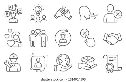 Set of People icons, such as Clapping hands, Hold box. Diploma, ideas, save planet. Love, Repairman, Handshake. Human resources, Quiz test, Friends couple. Vector