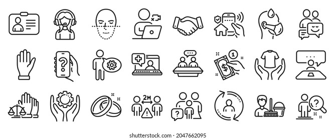 Set of People icons, such as Cleaning service, Social distance, Hold t-shirt icons. Communication, Wedding rings, House security signs. Sick man, Interview job, Employee hand. User info. Vector