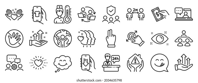 Set of People icons, such as Click hand, Health eye, Interview job icons. Engineering team, Social distancing, Global business signs. Reception desk, Friends chat, Hold heart. Do not touch. Vector