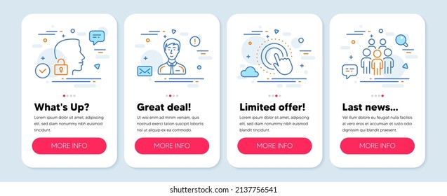 Set of People icons, such as Click hand, Unlock system, Businessman person symbols. Mobile screen app banners. Group people line icons. Touch gesture, Access granted, Male user. Vector
