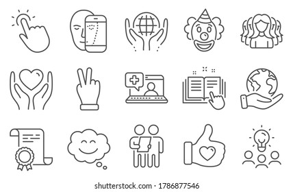 Set of People icons, such as Clown, Victory hand. Diploma, ideas, save planet. Like hand, Medical help, Hold heart. Face biometrics, Technical documentation, Organic tested. Vector