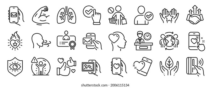 Set of People icons, such as Contactless payment, Stop shopping, Heart icons. Identity confirmed, Messenger mail, Global business signs. Friend, Dating app, Breathing exercise. Heart flame. Vector