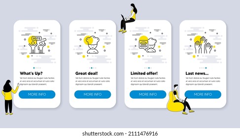 Set of People icons, such as Cooking chef, Voting campaign, Chef icons. UI phone app screens with people. Voting hands line symbols. Sous-chef, People rally, Burger. Candidate vote. Vector