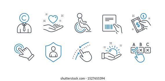 Set of People icons, such as Copyrighter, Payment method, Sunny weather, Touchscreen gesture, Parcel invoice, Disability, Swipe up, Security, Hold heart, Correct checkbox line icons. Vector