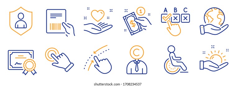 Set of People icons, such as Copyrighter, Payment method. Certificate, save planet. Sunny weather, Touchscreen gesture, Parcel invoice. Disability, Swipe up, Security. Vector