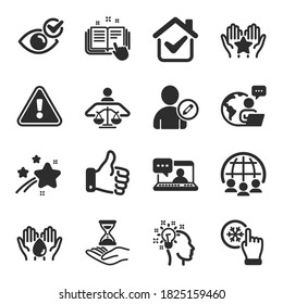 Set of People icons, such as Court judge, Ranking, Friends chat symbols. Idea, Technical documentation, Check eye signs. Like hand, Edit user, Wash hands. Freezing click, Global business. Vector