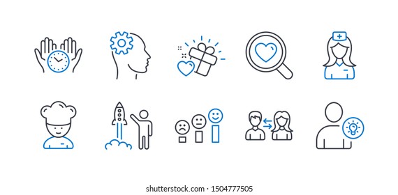 Set of People icons, such as Customer satisfaction, Cooking chef, People communication, Engineering, Love gift, Launch project, Safe time, Hospital nurse, Search love, User idea. Vector