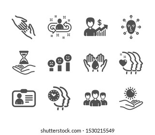 Set of People icons, such as Customer satisfaction, Helping hand, Time management, Recruitment, Face biometrics, Id card, Business growth, Friends couple, Safe water, Group, Time hourglass. Vector