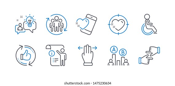 Set of People icons, such as Disabled, Heart target, Refresh like, Idea, Teamwork, Heart, Multitasking gesture, Ab testing, Manual doc, Click hands line icons. Line disabled icon. Vector