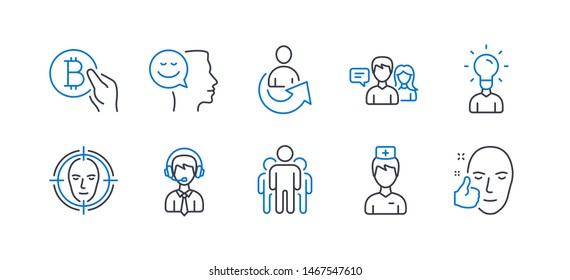 Set Of People Icons, Such As Doctor, Face Detect, Group, Share, Bitcoin Pay, Good Mood, Shipping Support, People Talking, Education, Healthy Face Line Icons. Medicine Person, Select Target. Vector