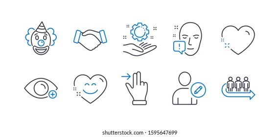 Set of People icons, such as Edit user, Handshake, Smile chat, Face attention, Clown, Heart, Farsightedness, Touchscreen gesture, Employee hand, Queue line icons. Profile data, Deal hand. Vector