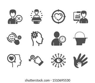 Set of People icons, such as Engineering, Romantic talk, Social responsibility, Artificial intelligence, Brand ambassador, Customer satisfaction, Remove account, Heart target, Drag drop. Vector