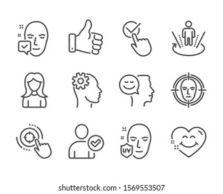 Set of People icons, such as Engineering, Uv protection, Like hand, Seo target, Face detect, Identity confirmed, Good mood, Augmented reality, Woman, Smile face, Checkbox line icons. Vector