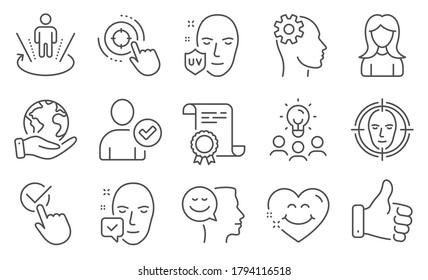 Set Of People Icons Such As Engineering, Uv Protection, Like Hand. Diploma, Ideas, Save Planet. Seo Target, Face Detect, Identity Confirmed. Good Mood, Augmented Reality, Woman. Vector