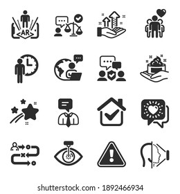 Set of People icons, such as Eye laser, Waiting, Friendship symbols. Security agency, Journey path, Augmented reality signs. Friends chat, Face id, Support service. Lawyer, Analysis graph. Vector