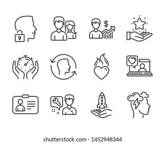 Set of People icons, such as Face id, Timer, Business growth, Id card, Loyalty program, Friends chat, Teamwork, Mindfulness stress, Unlock system, Crowdfunding, Repairman, Heart flame. Vector