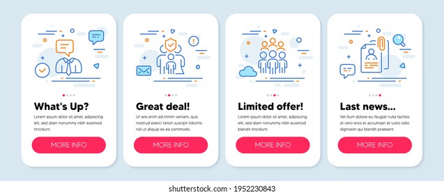 Set of People icons, such as Family insurance, Support service, Group people symbols. Mobile screen mockup banners. Interview documents line icons. Vector