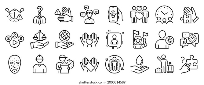 Set of People icons, such as Feminism, Water care, User idea icons. Safe planet, Video conference, Justice scales signs. Puzzle, Smartphone holding, Search puzzle. Face biometrics. Vector