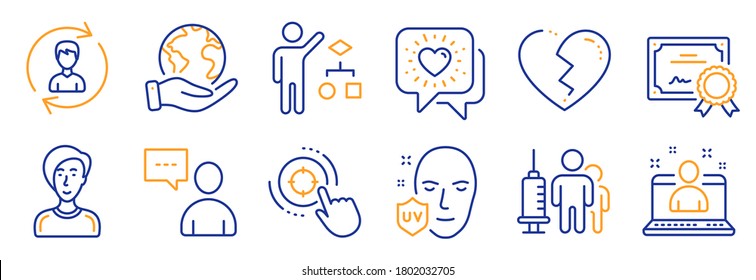 Set of People icons, such as Friends chat, Broken heart. Certificate, save planet. Uv protection, Human resources, Medical vaccination. Best manager, Businesswoman person, Seo target. Vector