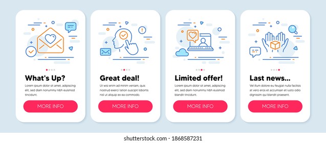 Set of People icons, such as Friends chat, Select user, Love letter symbols. Mobile app mockup banners. Hold box line icons. Love, Head with checkbox, Heart. Delivery parcel. Vector