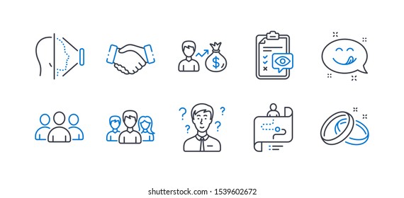Set of People icons, such as Group, Face id, Journey path, Sallary, Handshake, Support consultant, Teamwork, Eye checklist, Yummy smile, Wedding rings line icons. Line group icon. Vector