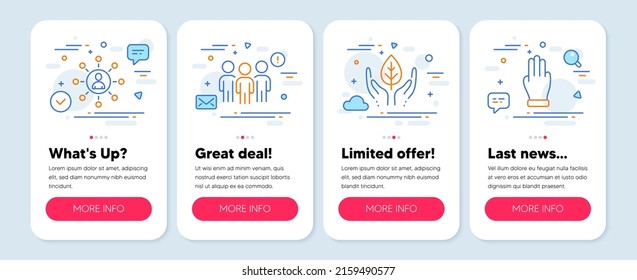 Set of People icons, such as Group, Networking, Fair trade symbols. Mobile screen app banners. Three fingers line icons. Business meeting, Business communication, Safe nature. Click palm. Vector
