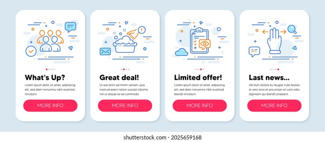 Set of People icons, such as Hand washing, Group, Eye checklist symbols. Mobile screen mockup banners. Multitasking gesture line icons. Laundry basin, Developers, Optometry. Swipe. Vector