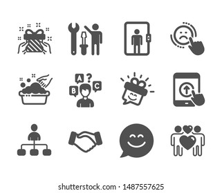 Set of People icons, such as Handshake, Smile chat, Gift, Love couple, Dislike, Management, Elevator, Repairman, Hand washing, Quiz test, Smile, Swipe up classic icons. Deal hand, Happy face. Vector