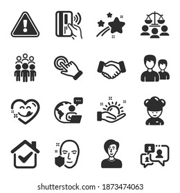 Set of People icons, such as Handshake, Touchscreen gesture, Cooking chef symbols. Group people, Yummy smile, Sunny weather signs. Face protection, Couple, Court jury. Contactless payment. Vector
