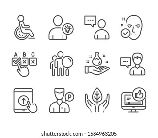 Set of People icons, such as Health skin, Users chat, Person talk, Chemistry lab, Swipe up, Like video, Search people, Correct checkbox, Valet servant, Fair trade, User idea, Disability. Vector