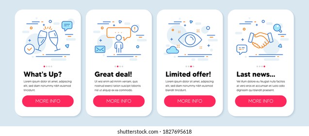 Set of People icons, such as Health eye, Consulting business, Champagne glasses symbols. Mobile screen app banners. Handshake line icons. Optometry, Conference, Chin-chin. Deal hand. Vector