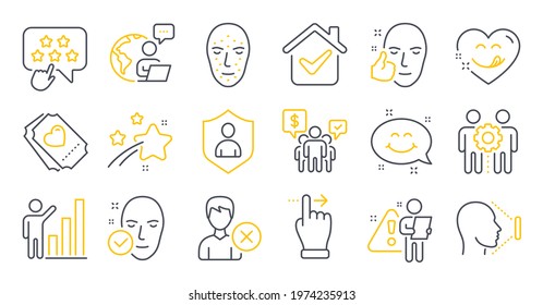 Set of People icons, such as Health skin, Employees teamwork, Teamwork symbols. Yummy smile, Ranking star, Love ticket signs. Remove account, Security, Smile chat. Face biometrics, Face id. Vector