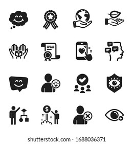 Set of People icons, such as Heart rating, Leaf. Certificate, approved group, save planet. Smile face, Smile, User idea. Hold box, Income money, Eye protection. Vector