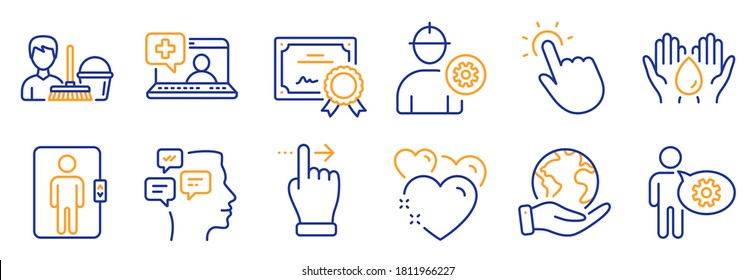 Set Of People Icons, Such As Heart, Messages. Certificate, Save Planet. Touchscreen Gesture, Elevator, Cogwheel. Safe Water, Engineer, Touchpoint. Cleaning Service, Medical Help Line Icons. Vector