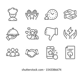 Set Of People Icons, Such As Helping Hand, Time Management, Safe Energy, Star Rating, Thumb Down, Ranking, Cooking Chef, Couple, Restaurant Food, Dislike Hand, Handshake, Group Line Icons. Vector