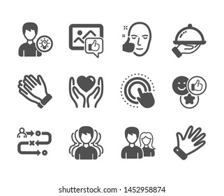 Set of People icons, such as Hold heart, Restaurant food, Journey path, Person idea, Group, Click hand, Like photo, Like, Clapping hands, Couple, Hand, Healthy face classic icons. Vector