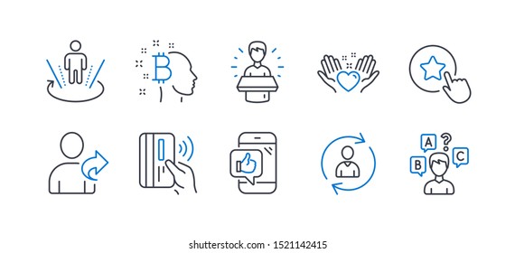 Set Of People Icons, Such As Hold Heart, Brand Ambassador, Refer Friend, Mobile Like, Bitcoin Think, Augmented Reality, Contactless Payment, Person Info, Loyalty Star, Quiz Test. Vector