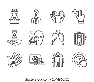 Set of People icons, such as Hold t-shirt, Hospital nurse, Click hand, Time hourglass, Champagne glasses, Social responsibility, Hiring employees, Face cream, Online shopping, Group. Vector