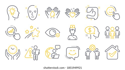 Set of People icons, such as Hold heart, Smile chat, Doctor symbols. Like, Health skin, Graph chart signs. Group, Pay, Employees teamwork. Idea head, Safe time, Safe water. Myopia, Smile. Vector