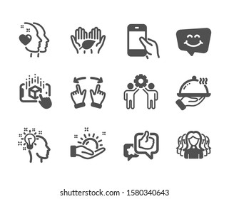 Conjuntos de íconos de la gente, como Idea, Realidad Aumentada, Grupo de Mujeres, Clima Soleado, Restauración, Corazón, Charla de Sonrisas, Comercio Justo, Gesto de Movimiento, Sostén el smartphone, Trabajo en equipo de los empleados, Como. Vector