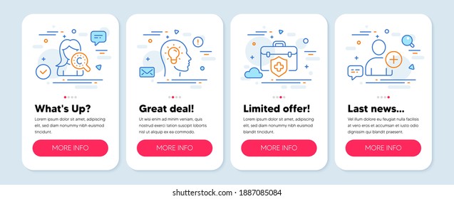 Set of People icons, such as Idea head, Medical insurance, Collagen skin symbols. Mobile screen mockup banners. Add user line icons. Lightbulb, Risk coverage, Skin care. Profile settings. Vector