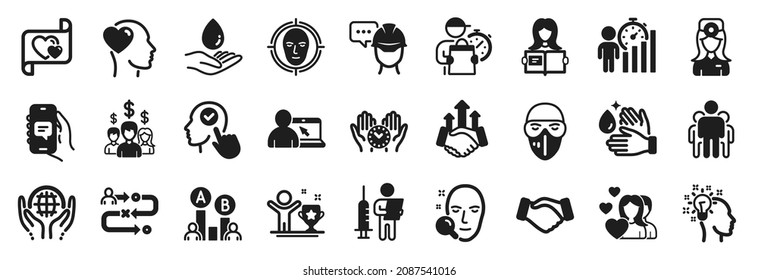 Set of People icons, such as Journey path, Couple, Deal icons. Organic tested, Medical mask, Vaccination announcement signs. Delivery man, Handshake, Wash hands. Select user, Love letter. Vector