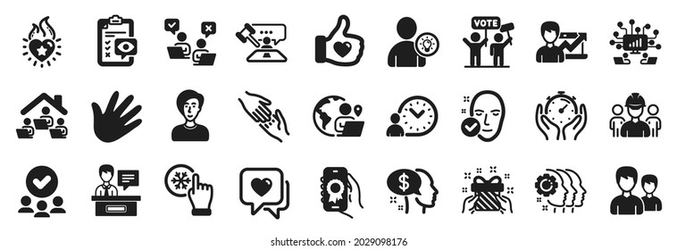 Set of People icons, such as Judge hammer, Like hand, Engineering team icons. Businesswoman person, Timer, Hand signs. Work home, Exhibitors, Heart flame. User idea, Approved group, Pay. Vector
