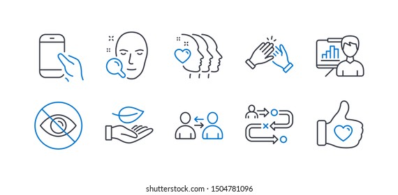 Set Of People Icons, Such As Leaf, Clapping Hands, Communication, Not Looking, Friends Couple, Hold Smartphone, Presentation Board, Face Search, Journey Path, Like Hand Line Icons. Vector