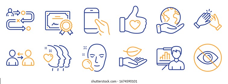 Set Of People Icons, Such As Leaf, Clapping Hands. Certificate, Save Planet. Communication, Not Looking, Friends Couple. Hold Smartphone, Presentation Board, Face Search. Vector